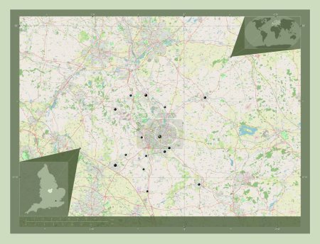 Téléchargez les photos : Leicestershire, comté administratif d'Angleterre - Grande-Bretagne. Ouvrir la carte routière. Emplacements des grandes villes de la région. Corner cartes de localisation auxiliaires - en image libre de droit