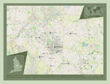 Téléchargez les photos : Leicestershire, comté administratif d'Angleterre - Grande-Bretagne. Ouvrir la carte routière. Emplacements et noms des grandes villes de la région. Corner cartes de localisation auxiliaires - en image libre de droit