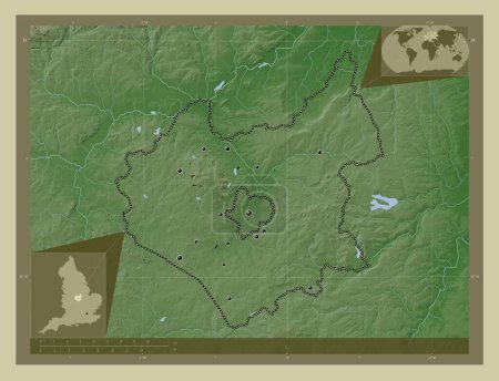 Foto de Leicestershire, condado administrativo de Inglaterra - Gran Bretaña. Mapa de elevación coloreado en estilo wiki con lagos y ríos. Ubicaciones de las principales ciudades de la región. Mapas de ubicación auxiliares de esquina - Imagen libre de derechos