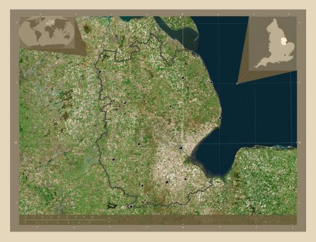 Foto de Lincolnshire, condado administrativo de Inglaterra - Gran Bretaña. Mapa satelital de alta resolución. Ubicaciones de las principales ciudades de la región. Mapas de ubicación auxiliares de esquina - Imagen libre de derechos