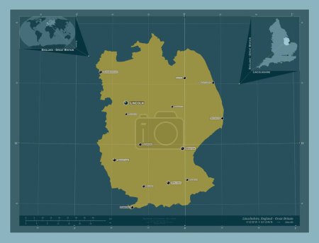 Photo for Lincolnshire, administrative county of England - Great Britain. Solid color shape. Locations and names of major cities of the region. Corner auxiliary location maps - Royalty Free Image