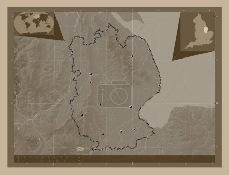 Photo for Lincolnshire, administrative county of England - Great Britain. Elevation map colored in sepia tones with lakes and rivers. Locations of major cities of the region. Corner auxiliary location maps - Royalty Free Image