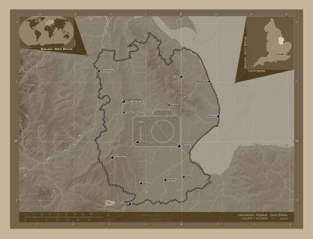 Photo for Lincolnshire, administrative county of England - Great Britain. Elevation map colored in sepia tones with lakes and rivers. Locations and names of major cities of the region. Corner auxiliary location maps - Royalty Free Image