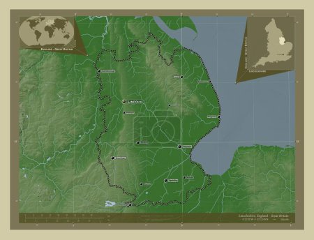 Téléchargez les photos : Lincolnshire, comté administratif d'Angleterre - Grande-Bretagne. Carte d'altitude colorée dans le style wiki avec des lacs et des rivières. Emplacements et noms des grandes villes de la région. Corner cartes de localisation auxiliaires - en image libre de droit