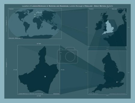 Photo for London Borough of Barking and Dagenham, london borough of England - Great Britain. Diagram showing the location of the region on larger-scale maps. Composition of vector frames and PNG shapes on a solid background - Royalty Free Image