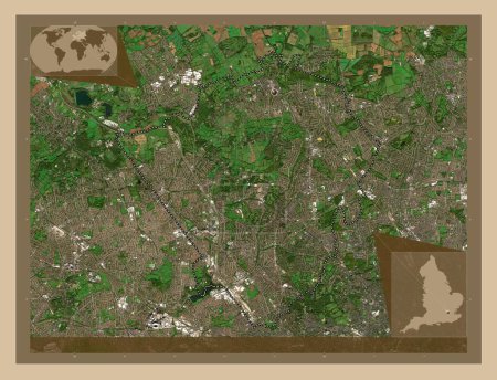 Téléchargez les photos : Londres Borough of Barnet, Londres borough of England - Grande-Bretagne. Carte satellite basse résolution. Corner cartes de localisation auxiliaires - en image libre de droit