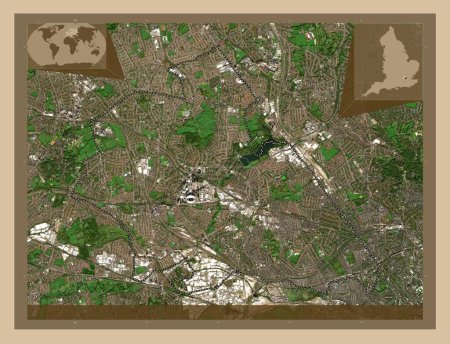 Téléchargez les photos : London Borough of Brent, Londres borough of England - Grande-Bretagne. Carte satellite basse résolution. Corner cartes de localisation auxiliaires - en image libre de droit