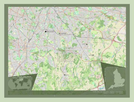Téléchargez les photos : London Borough of Bromley, Londres borough of England - Grande-Bretagne. Ouvrir la carte routière. Emplacements et noms des grandes villes de la région. Corner cartes de localisation auxiliaires - en image libre de droit