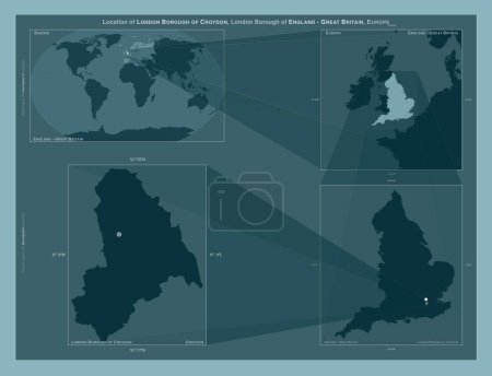Photo for London Borough of Croydon, london borough of England - Great Britain. Diagram showing the location of the region on larger-scale maps. Composition of vector frames and PNG shapes on a solid background - Royalty Free Image