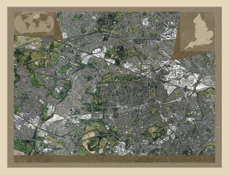 Téléchargez les photos : London Borough of Ealing, district londonien d'Angleterre - Grande-Bretagne. Carte satellite haute résolution. Emplacements des grandes villes de la région. Corner cartes de localisation auxiliaires - en image libre de droit