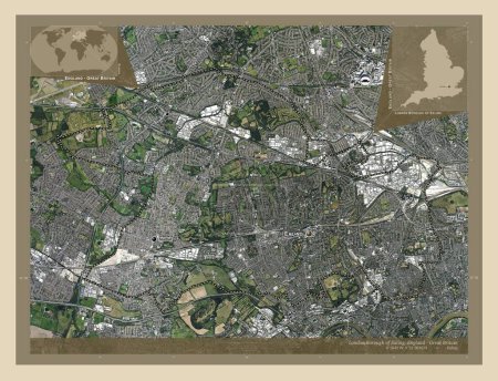 Téléchargez les photos : London Borough of Ealing, district londonien d'Angleterre - Grande-Bretagne. Carte satellite haute résolution. Emplacements et noms des grandes villes de la région. Corner cartes de localisation auxiliaires - en image libre de droit