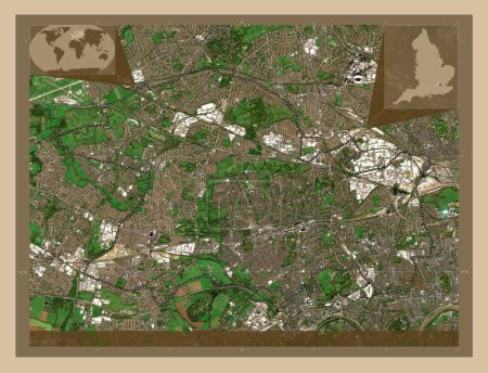 Téléchargez les photos : London Borough of Ealing, district londonien d'Angleterre - Grande-Bretagne. Carte satellite basse résolution. Emplacements des grandes villes de la région. Corner cartes de localisation auxiliaires - en image libre de droit