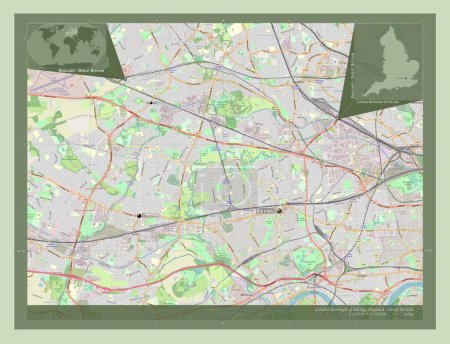 Téléchargez les photos : London Borough of Ealing, district londonien d'Angleterre - Grande-Bretagne. Ouvrir la carte routière. Emplacements et noms des grandes villes de la région. Corner cartes de localisation auxiliaires - en image libre de droit