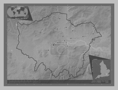 Photo for London, london borough  of England - Great Britain. Grayscale elevation map with lakes and rivers. Locations and names of major cities of the region. Corner auxiliary location maps - Royalty Free Image