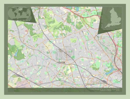 Foto de London Borough of Harrow, London borough of England Gran Bretaña. Open Street Map. Ubicaciones y nombres de las principales ciudades de la región. Mapas de ubicación auxiliares de esquina - Imagen libre de derechos