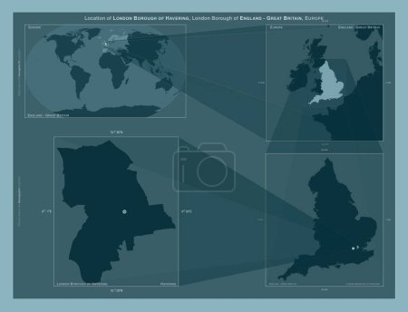 Photo for London Borough of Havering, london borough of England - Great Britain. Diagram showing the location of the region on larger-scale maps. Composition of vector frames and PNG shapes on a solid background - Royalty Free Image