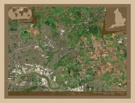 Photo for London Borough of Havering, london borough of England - Great Britain. Low resolution satellite map. Locations and names of major cities of the region. Corner auxiliary location maps - Royalty Free Image