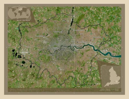 Foto de Londres, Londres borough of England - Gran Bretaña. Mapa satelital de alta resolución. Ubicaciones y nombres de las principales ciudades de la región. Mapas de ubicación auxiliares de esquina - Imagen libre de derechos