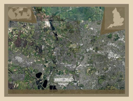 Téléchargez les photos : London Borough of Hillingdon, Londres borough of England - Grande-Bretagne. Carte satellite haute résolution. Corner cartes de localisation auxiliaires - en image libre de droit