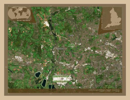 Photo for London Borough of Hillingdon, london borough of England - Great Britain. Low resolution satellite map. Locations and names of major cities of the region. Corner auxiliary location maps - Royalty Free Image
