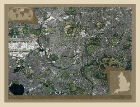 Téléchargez les photos : Londres Borough of Hounslow, Londres borough of England - Grande-Bretagne. Carte satellite haute résolution. Corner cartes de localisation auxiliaires - en image libre de droit