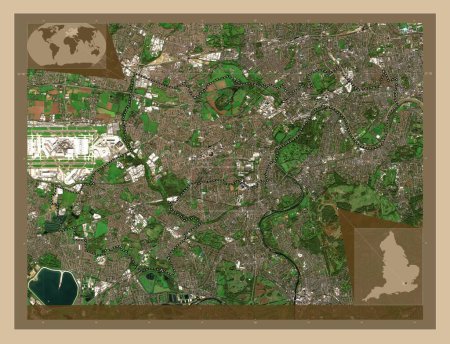 Foto de London Borough of Hounslow, London borough of England Gran Bretaña. Mapa satelital de baja resolución. Mapas de ubicación auxiliares de esquina - Imagen libre de derechos