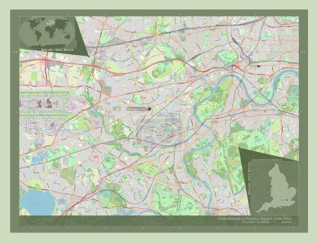 Foto de London Borough of Hounslow, London borough of England Gran Bretaña. Open Street Map. Ubicaciones y nombres de las principales ciudades de la región. Mapas de ubicación auxiliares de esquina - Imagen libre de derechos