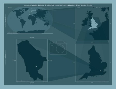 Foto de London Borough of Islington, London borough of England Gran Bretaña. Diagrama que muestra la ubicación de la región en mapas a gran escala. Composición de marcos vectoriales y formas PNG sobre un fondo sólido - Imagen libre de derechos