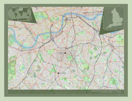 Foto de London Borough of Lambeth, London borough of England Gran Bretaña. Open Street Map. Ubicaciones y nombres de las principales ciudades de la región. Mapas de ubicación auxiliares de esquina - Imagen libre de derechos
