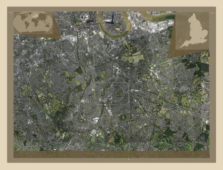 Foto de London Borough of Lewisham, London borough of England Gran Bretaña. Mapa satelital de alta resolución. Ubicaciones de las principales ciudades de la región. Mapas de ubicación auxiliares de esquina - Imagen libre de derechos