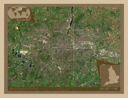 Foto de Londres, Londres borough of England - Gran Bretaña. Mapa satelital de baja resolución. Ubicaciones y nombres de las principales ciudades de la región. Mapas de ubicación auxiliares de esquina - Imagen libre de derechos