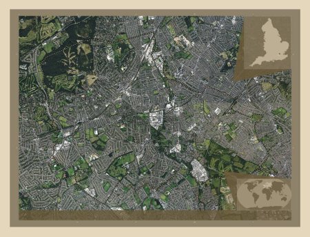 Téléchargez les photos : London Borough of Merton, Londres borough of England - Grande-Bretagne. Carte satellite haute résolution. Corner cartes de localisation auxiliaires - en image libre de droit