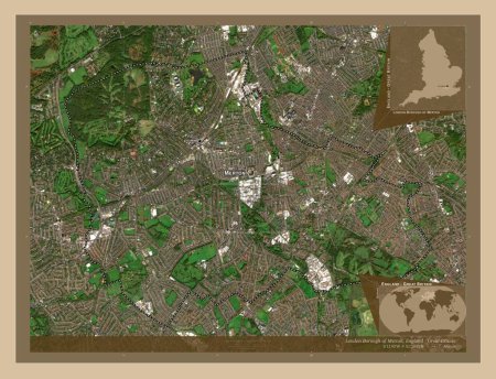 Photo for London Borough of Merton, london borough of England - Great Britain. Low resolution satellite map. Locations and names of major cities of the region. Corner auxiliary location maps - Royalty Free Image