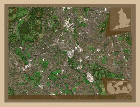 Téléchargez les photos : London Borough of Merton, Londres borough of England - Grande-Bretagne. Carte satellite basse résolution. Corner cartes de localisation auxiliaires - en image libre de droit