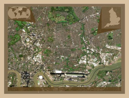 Téléchargez les photos : London Borough of Newham, arrondissement londonien d'Angleterre - Grande-Bretagne. Carte satellite basse résolution. Corner cartes de localisation auxiliaires - en image libre de droit