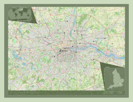 Foto de Londres, Londres borough of England - Gran Bretaña. Open Street Map. Ubicaciones y nombres de las principales ciudades de la región. Mapas de ubicación auxiliares de esquina - Imagen libre de derechos
