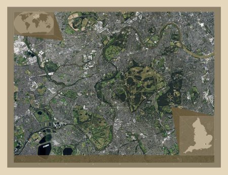 Téléchargez les photos : London Borough of Richmond upon Thames, Londres borough of England - Grande-Bretagne. Carte satellite haute résolution. Emplacements des grandes villes de la région. Corner cartes de localisation auxiliaires - en image libre de droit