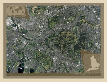 Téléchargez les photos : London Borough of Richmond upon Thames, Londres borough of England - Grande-Bretagne. Carte satellite haute résolution. Emplacements et noms des grandes villes de la région. Corner cartes de localisation auxiliaires - en image libre de droit