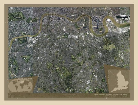 Téléchargez les photos : London Borough of Southwark, Londres borough of England - Grande-Bretagne. Carte satellite haute résolution. Emplacements et noms des grandes villes de la région. Corner cartes de localisation auxiliaires - en image libre de droit
