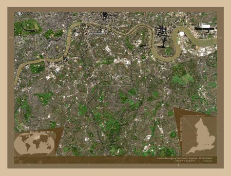 Téléchargez les photos : London Borough of Southwark, Londres borough of England - Grande-Bretagne. Carte satellite basse résolution. Emplacements et noms des grandes villes de la région. Corner cartes de localisation auxiliaires - en image libre de droit