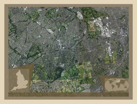 Téléchargez les photos : London Borough of Sutton, Londres borough of England - Grande-Bretagne. Carte satellite haute résolution. Emplacements des grandes villes de la région. Corner cartes de localisation auxiliaires - en image libre de droit