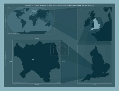 Foto de London Borough of Sutton, London borough of England - Great Britain (en inglés). Diagrama que muestra la ubicación de la región en mapas a gran escala. Composición de marcos vectoriales y formas PNG sobre un fondo sólido - Imagen libre de derechos