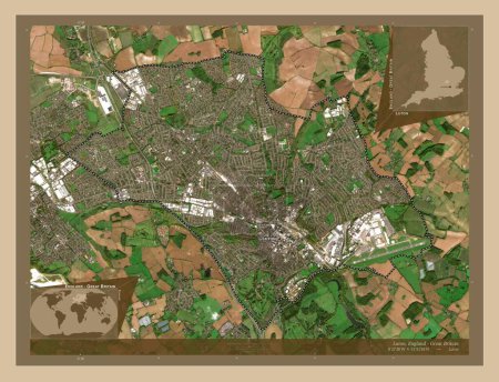 Foto de Luton, autoridad unitaria de Inglaterra Gran Bretaña. Mapa satelital de baja resolución. Ubicaciones y nombres de las principales ciudades de la región. Mapas de ubicación auxiliares de esquina - Imagen libre de derechos