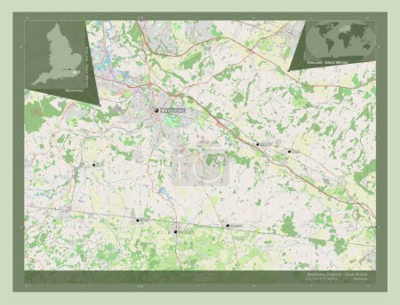 Foto de Maidstone, distrito no metropolitano de Inglaterra Gran Bretaña. Open Street Map. Ubicaciones y nombres de las principales ciudades de la región. Mapas de ubicación auxiliares de esquina - Imagen libre de derechos