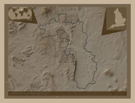 Photo for Malvern Hills, non metropolitan district of England - Great Britain. Elevation map colored in sepia tones with lakes and rivers. Locations of major cities of the region. Corner auxiliary location maps - Royalty Free Image