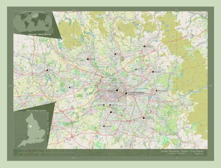 Photo for Greater Manchester, region of England - Great Britain. Open Street Map. Locations and names of major cities of the region. Corner auxiliary location maps - Royalty Free Image