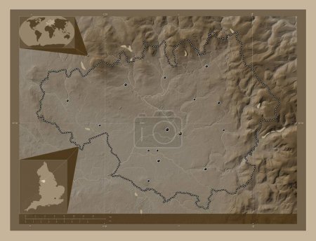Photo for Greater Manchester, region of England - Great Britain. Elevation map colored in sepia tones with lakes and rivers. Locations of major cities of the region. Corner auxiliary location maps - Royalty Free Image