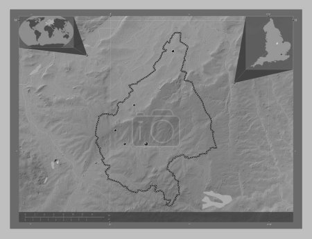 Photo for Melton, non metropolitan district of England - Great Britain. Grayscale elevation map with lakes and rivers. Locations of major cities of the region. Corner auxiliary location maps - Royalty Free Image