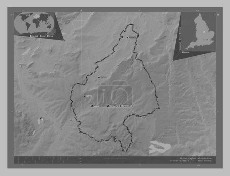 Photo for Melton, non metropolitan district of England - Great Britain. Grayscale elevation map with lakes and rivers. Locations and names of major cities of the region. Corner auxiliary location maps - Royalty Free Image