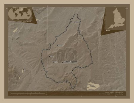 Photo for Melton, non metropolitan district of England - Great Britain. Elevation map colored in sepia tones with lakes and rivers. Locations and names of major cities of the region. Corner auxiliary location maps - Royalty Free Image